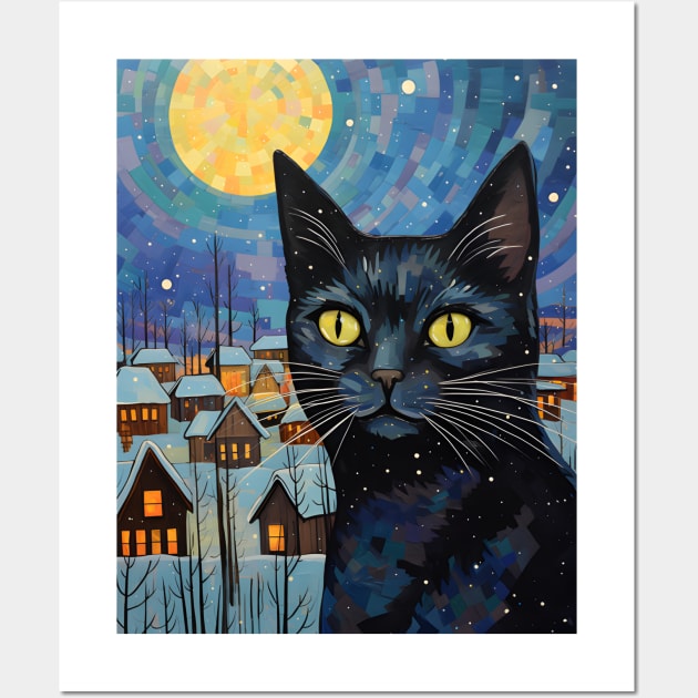 Black Cat Christmas Starry Night Wall Art by VisionDesigner